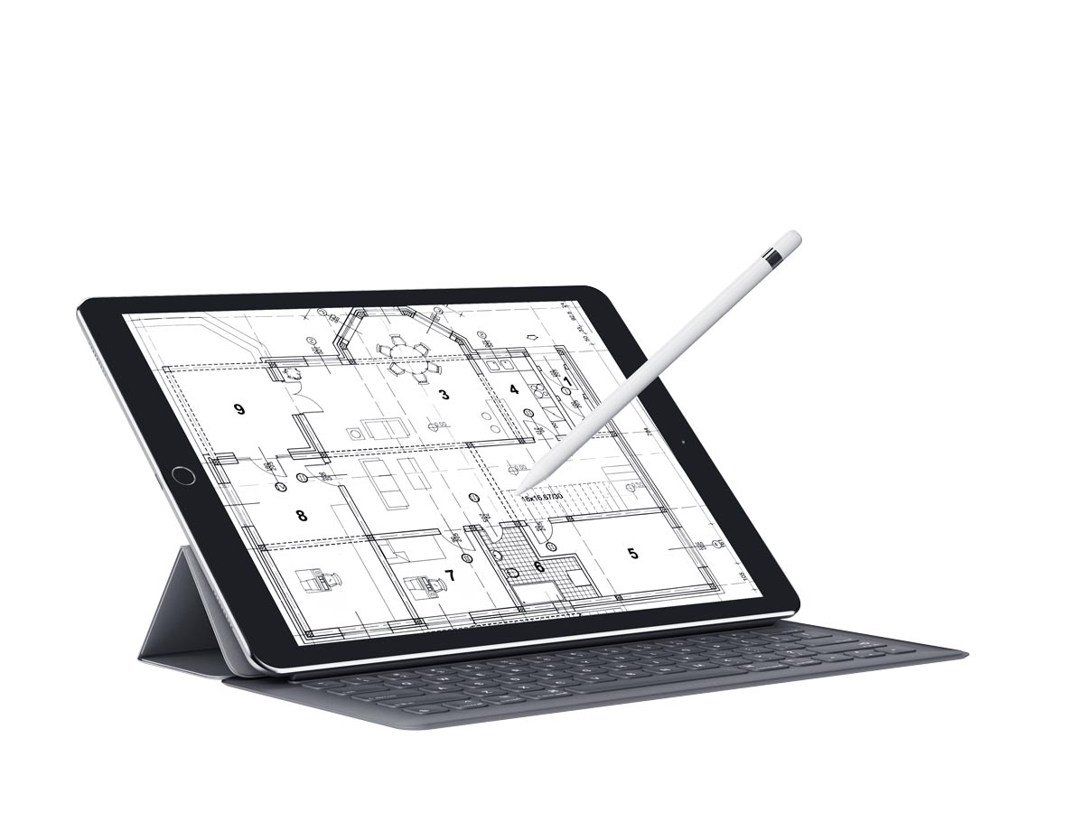 ipad with a house plan layout, apple pen